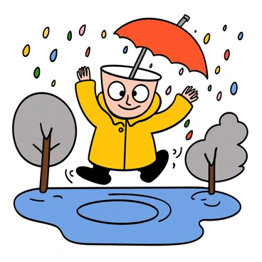 Cuphead, a cartoon character with a cup-shaped head and a straw, is joyfully jumping in puddles on a rainy day. He is wearing a bright yellow raincoat that is slightly oversized, and he is holding a red umbrella above his head to shield himself from the rain. Colorful raindrops are falling around him, creating ripples in the puddles below. His expression is cheerful, showcasing big eyes filled with excitement as he splashes water all around. The background features grey skies, blurred outlines of trees, and more puddles reflecting the playful scene.