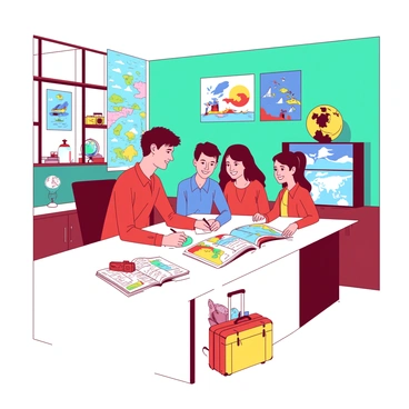 A red travel consultant is sitting at a large white desk, surrounded by travel brochures and maps. The consultant is holding a pen and writing notes while discussing with a happy family, consisting of two parents and two children, who are eagerly looking at the brochures. The office features colorful decorations with a teal wall, vibrant travel posters, and a globe on a shelf. There are travel-themed items, such as a yellow suitcase and an orange camera, placed around the office, creating a lively atmosphere.