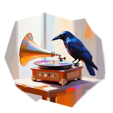 A raven with glossy black feathers is perched atop an ornate antique phonograph. The phonograph, with its brass horn and intricately designed wooden base, is in the process of playing a vintage vinyl record. The raven is looking attentively at the spinning record, its sharp beak slightly open as if it might call out. The surface beneath the phonograph is a rich wooden table, adding to the vintage ambiance of the scene. Sunlight filters through a nearby window, casting soft shadows and highlighting the raven's feathers.
