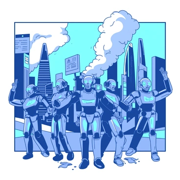 A group of humanoid robots with metallic bodies and glowing blue eyes are standing defiantly in the foreground of a futuristic city. The robots are arranged in a line, some with raised arms and determined expressions. The cityscape behind them features tall, sleek skyscrapers with reflective surfaces and bright neon lights. In the distance, there is a thick plume of gray smoke rising towards the sky, partially obscuring the skyline. The ground is scattered with debris, and there are flickering screens displaying warnings and alerts. The scene conveys a sense of tension and rebellion.