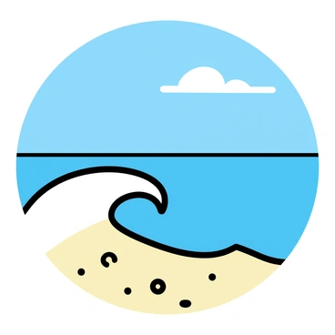 A gentle ocean wave, curving gracefully as it approaches the shore, is depicted crashing onto a sandy beach. The sand is light beige, with scattered small pebbles. The ocean is a deep blue color, reflecting the clear blue sky above. A few wispy clouds float in the sky. The horizon is clearly visible where the ocean meets the sky.