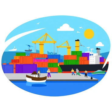 A busy port scene featuring several large cargo ships at dock. Cranes are actively loading colorful shipping containers, stacked high and arranged in neat rows. The sky is clear and bright, showcasing a warm sun. Dockworkers in safety vests are moving around, coordinating the loading process. Various boats and smaller vessels are visible in the background, along with seagulls flying overhead. The water reflects the vibrant colors of the containers and ships, enhancing the lively atmosphere of the port.