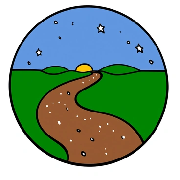 A winding path stretches into the distance, leading toward the horizon. The path is lined with shimmering stardust, creating a sparkling effect on either side. The sky above is a deep blue, dotted with bright stars. The stardust glimmers and twinkles, contrasting with the earthy tones of the path. The landscape surrounding the path is open and expansive, emphasizing the journey ahead.