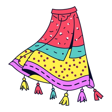 A bohemian-style skirt with multiple layers of fabric in vibrant colors such as deep red, bright teal, and golden yellow. The skirt has a flowing shape, with each layer slightly longer than the one above it, creating a cascading effect. Various patterns including floral and geometric designs are visible on the fabric. Hanging from the waistband and the bottom edges of the layers are colorful tassels in shades of pink and green, adding movement and texture to the overall appearance of the skirt.