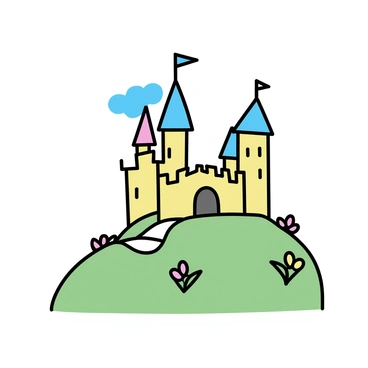 A whimsical clay castle, featuring several towers with flags on top, is perched atop a gently sloping hill. The castle has a textured surface that resembles clay, showcasing its handmade quality. A small drawbridge connects the castle entrance to the grassy hillside below. Surrounding the hill are patches of colorful flowers, and a clear blue sky is visible above, adding a cheerful ambiance to the scene.