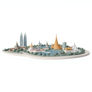 A panoramic view featuring iconic landmarks from ten ASEAN countries. In the foreground, the "Petronas Towers" from Malaysia stand tall, beside the "Marina Bay Sands" from Singapore with its distinctive three towers and rooftop garden. To the left, the "Angkor Wat" temple from Cambodia showcases its intricate architecture and large reflecting pools. The "Temple of the Emerald Buddha" from Thailand is visible with its golden spires glinting in the sunlight. 

Further back, the "Hanoi Opera House" from Vietnam reflects colonial architecture, while the "Borobudur" temple from Indonesia is recognizable with its stupa design and surrounding greenery. The "Brunei Sultan Omar Ali Saifuddien Mosque" glimmers with its golden dome, and the "Old City of Jerusalem" represents the Philippines with its fortified walls and historic buildings. 

In the distance, the "Vimanmek Mansion" from Thailand is shown, built in majestic Royal style.