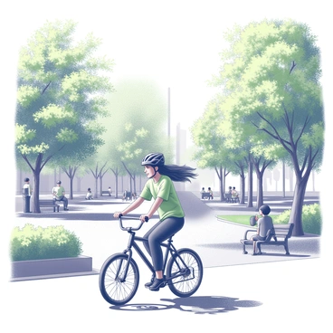 A person riding a bicycle along a pathway in a city park. The park is filled with lush green trees and blooming flowers, creating a lively atmosphere. The cyclist is wearing casual clothing and a helmet, with their hair flowing in the wind as they pedal. In the background, there are park benches and people enjoying the scenery, some walking dogs, while a few are seated and reading. Sunlight filters through the leaves, casting intricate shadows on the ground. The scene captures the essence of spring in an urban setting.