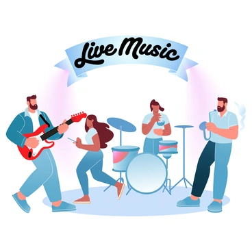 A guitarist wearing a denim jacket is strumming a bright red electric guitar. Next to him, a woman with flowing hair is playing a grand piano, her hands moving gracefully over the keys. A drummer with a colorful drum kit is energetically hitting the drums with drumsticks. A saxophonist in a tasteful outfit is blowing into his saxophone, creating vibrant music. The stage is bathed in warm lights, enhancing the atmosphere of collaboration among the musicians. "Live Music" is displayed prominently on a banner above them.