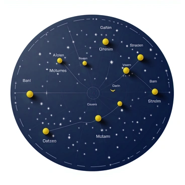 A star chart with arrows highlighting the major constellations in the night sky