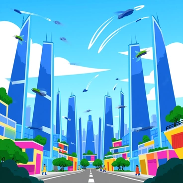 A sprawling futuristic cityscape featuring numerous towering skyscrapers with sleek, reflective surfaces that shimmer in the light. Many flying cars glide through the sky, leaving trails of bright light behind them. Some skyscrapers have green terraces with plants and trees, adding a touch of nature to the urban environment. The scene is set during the day, with a vivid blue sky and fluffy white clouds above. Streets below are bustling with people and vibrant displays of digital advertisements illuminating the surroundings.