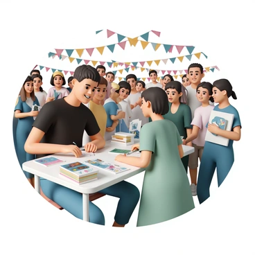 An illustrator, wearing a black t-shirt and blue jeans, is seated at a small table covered with colorful art prints and copies of their art book. The table is adorned with a few markers and a small stack of postcards featuring their artwork. The illustrator is smiling as they sign a copy of the book for a fan who stands eagerly next to them, wearing a green dress and holding the book open. Surrounding them, a group of excited fans is gathered, some holding artwork while others are taking pictures. Bright banners and decorations of various colors fill the fair atmosphere behind them, creating a lively environment.