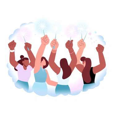 A group of friends is gathered together, each holding a sparkler that lights up the night. The sparklers emit bright, shimmering trails of light as they are waved enthusiastically in the air. The friends are dressed in colorful party outfits, and their hands are raised high, creating a lively atmosphere. In the background, soft hues of gradient pastel colors fill the sky, enhancing the festive mood of the celebration. A few fireworks can be seen bursting in the distance, adding to the joyful scene.