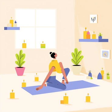 A yoga session taking place in a softly lit room. The room is filled with warm, flickering light from numerous candles placed on the floor and on shelves. In the center, a person is performing a yoga pose on a blue mat. The atmosphere is calm, with gentle shadows dancing around the space. The walls are decorated with peaceful images and plants, enhancing the serene environment.