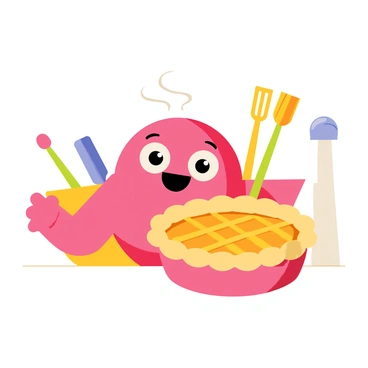 A round pink character with large, expressive eyes is joyfully holding a freshly baked pie. The pie is golden brown with a lattice crust, and steam is rising from it, indicating it is warm. The character's smile is wide, radiating happiness. In the background, there are colorful kitchen items like a mixing bowl and utensils, enhancing the cheerful atmosphere.
