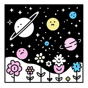 A garden in space, featuring a variety of planets of different sizes and colors, resembling flowers in full bloom. Each planet exhibits distinct textures, such as smooth, rocky, or gaseous surfaces. Surrounding the planets are twinkling stars scattered across the dark expanse, illuminating the scene like small lights. The garden layout includes swirling cosmic dust and ethereal nebulae, adding depth to the celestial landscape. The overall composition presents an imaginative interpretation of a flourishing garden among the stars.