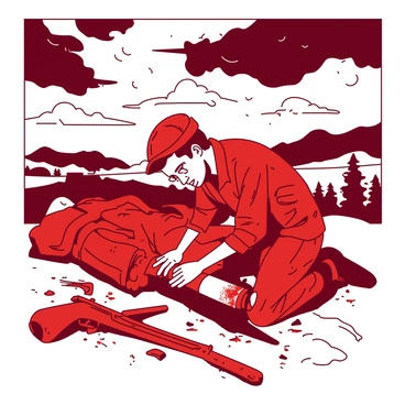 A red battlefield medic in a uniform is kneeling beside a wounded soldier lying on the ground. The medic is administering first aid, applying a bandage to the soldier's leg which is covered in dirt and blood. Surrounding them are scattered remnants of battle, including broken weapons and debris. The sky above is filled with dark, ominous clouds, suggesting a sense of urgency and danger. The medic's focused expression shows determination despite the chaotic environment.