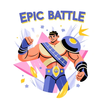 A dynamic splash screen featuring a strong, muscular hero at the center, wearing a futuristic armor with intricate designs. The hero has intense, determined eyes and an action pose, ready for combat. Surrounding the hero are vibrant bursts of color representing energy and movement. The background includes stylized elements like shattered glass and abstract shapes, adding to the sense of action. At the top of the screen, the title "Epic Battle" is boldly displayed in a striking font.