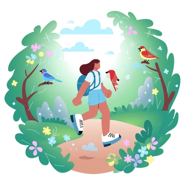 Kanako is hiking through a lush forest filled with vibrant green trees and thick underbrush. Sunlight filters through the leaves, creating dappled patterns on the forest floor. She is wearing a lightweight hiking outfit, complete with a backpack. Surrounding her are various colorful birds perched on branches, their feathers showcasing bright shades of red, blue, and yellow. Along the path, an assortment of wildflowers bloom in a rainbow of colors, adding bursts of brightness to the greenery. The atmosphere is alive with the sounds of nature.