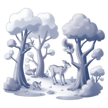 A dense forest with a variety of trees displaying unique shapes, some with twisted trunks and others with wide, leafy canopies. The forest floor is covered in a mix of textures, including soft moss and scattered leaves. Playful animals are scattered throughout the scene; a squirrel is perched on a branch, gazing curiously, while a rabbit peeks out from behind a bush. A deer stands gracefully in a small clearing, its ears perked up. The entire scene is filled with intricate details, showcasing the diversity of life in the forest.