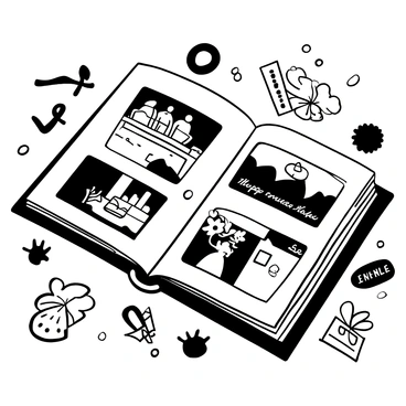 An open scrapbook lying on a wooden table, displaying various photographs and mementos from past anniversaries. The pages of the scrapbook are filled with black-and-white images capturing moments like candlelit dinners and celebrations. Scattered around the scrapbook are items such as pressed flowers, ribbons, and ticket stubs, creating a collage of memories. The lighting casts soft shadows, adding depth to the scene and highlighting the textures of the scrapbook's pages.