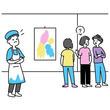 An artist, wearing a blue beret and a paint-splattered smock, stands to the side with crossed arms. Their expression shows envy as they observe a group of visitors admiring a large, colorful painting displayed on the wall. The painting, created by a rival, features vibrant brush strokes and intricate details. The visitors, dressed in casual attire, lean in closely and discuss the artwork with enthusiasm. The gallery has white walls and wooden flooring, creating a clean, minimalistic environment. A spotlight focuses on the rival's artwork, enhancing its visibility.