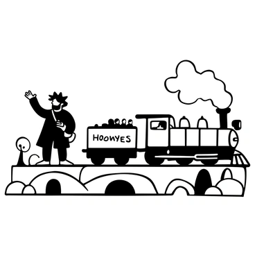 A large figure with wild hair and a thick beard stands on the platform, waving with one hand. He is wearing a tattered coat and there is a leather satchel hanging from his side. The Hogwarts Express, a steam locomotive, begins to depart with a plume of smoke billowing from its chimney. The train is adorned with the words "Hogwarts Express" on its side. Surrounding the platform are stone structures and a few scattered trees, indicating a railway station in a magical setting. Some small bursts of steam rise from the train as it gains speed, and there are several passengers looking out of the windows.