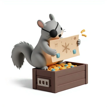 A small squirrel, wearing a black eye patch over its left eye, is perched on a wooden chest filled with gold coins and jewels. It holds a slightly tattered treasure map in its tiny paws, peering intently at the markings. The squirrel's fur is a mix of gray and brown, giving it a rugged appearance. Its bushy tail curls around the chest, and the background features faint hints of tropical foliage and a distant shoreline, suggesting an adventurous pirate setting.