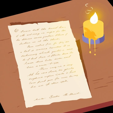 A letter lying on an old wooden table, partially illuminated by a flickering candle's warm light. The letter has a worn, slightly crumpled appearance, with elegant handwriting in dark ink. Shadows dance across the paper, highlighting certain phrases while leaving others in darkness. The candle, placed nearby in a rustic holder, has melted wax dripping down the sides, adding to the nostalgic ambiance. Small wisps of smoke rise gently from the wick, creating a soft, inviting atmosphere.