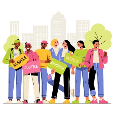 A diverse group of people of various ethnicities stands together in an urban setting, each holding colorful signs with messages advocating for "freedom" and "justice." The individuals have different hairstyles and clothing styles, reflecting their unique backgrounds. Some are smiling while others are determined, creating a sense of unity among them. In the background, there are tall buildings and trees, further establishing the urban environment. Sunlight filters through, casting soft shadows on the ground where they stand together in solidarity.
