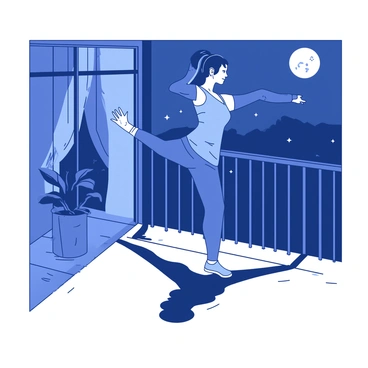 A person is performing Russian twists on a balcony at night. The balcony is adorned with a railing, and there's a potted plant in one corner. The moonlight casts a soft glow, illuminating the person's focused expression. Shadows stretch across the balcony floor, created by the dim light of the moon. The sky is dotted with stars, enhancing the serene atmosphere of the night. The person wears comfortable athletic clothing, and their body is positioned in a dynamic twist, showcasing their strength and balance.
