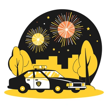 A 3D police car with a black body and a yellow stripe parked on a street. The car features a police emblem on its door and a light bar on top. Above the car, colorful fireworks are bursting in the night sky, illuminating the scene. The fireworks are in various shapes and sizes, creating a vivid display. The street is lined with trees, and a faint outline of buildings can be seen in the background.