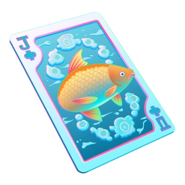 A joker card with a vibrant design. In the center, there is a large, detailed golden fish gracefully swimming across the card. The fish has shimmering scales that reflect light, creating an iridescent effect. Surrounding the fish are intricate patterns and shapes that enhance the card's aesthetic, with bold colors and elaborate motifs. The corners of the card display classic joker symbols, seamlessly integrated into the overall composition. The background has a dynamic, flowing texture that mimics water, adding depth to the scene.