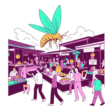 In a bustling market filled with various stalls, people are reacting in surprise and alarm as they notice a giant insect among them. The insect, towering above the crowd, has shiny teal wings that glisten in the sunlight. Its body is a vibrant yellow with intricate patterns. Vendors are looking up from their stalls, with expressions of shock and fear. Some shoppers are backing away while others point in disbelief. Colorful fruits and vegetables surround them, adding to the chaotic scene. The atmosphere is filled with a mix of excitement and panic as the giant insect moves through the market.
