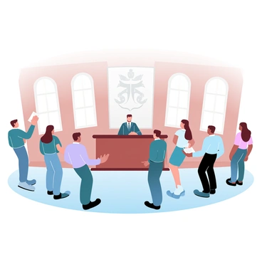 A group of jurors is standing up in a courtroom, each dressed in formal attire. The jurors are positioned in a semi-circle, with some holding papers in their hands. The judge is seated at an elevated bench, looking towards the jurors with attention. The courtroom features wooden paneling and large windows that allow soft, diffused light to fill the space. A large emblem is displayed prominently behind the judge, symbolizing justice. The scene conveys an atmosphere of anticipation and seriousness as the jurors prepare to announce their verdict.