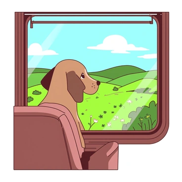 A brown dog with floppy ears is sitting on a cushioned seat, looking out of a large window of a moving train. The dog's eyes are wide with curiosity as it gazes at the vibrant green countryside. Fields of grass and patches of wildflowers stretch out in the distance. Soft rolling hills can be seen under a bright blue sky with fluffy white clouds. The window frame is made of polished wood, adding a warm touch to the scene. Sunlight streams in, casting gentle shadows across the dog's fur.
