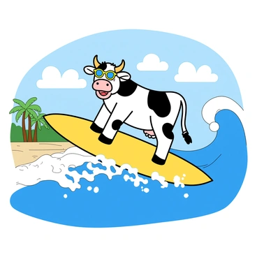 A cartoon-like illustration featuring a cheerful cow with black and white spots riding a bright yellow surfboard. The cow has a big smile, floppy ears, and is wearing colorful sunglasses. It is balanced on the surfboard, which is positioned on top of a large blue wave that curls majestically. The wave is splashing white water in all directions. The background showcases a sunny sky with fluffy white clouds scattered throughout. In the distance, there are hints of palm trees along a sandy beach, adding to the fun and playful scene.