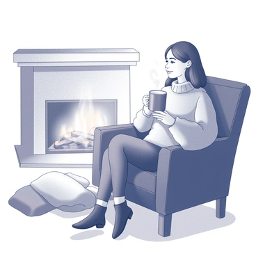 A person wrapped in a cozy, oversized sweater, sipping a hot beverage by a fireplace