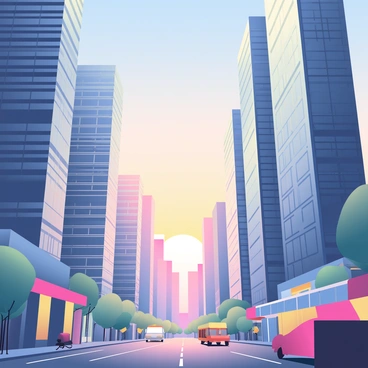 A cyber city is depicted at dawn, with tall metallic skyscrapers shimmering in the early light. The buildings have intricate geometric designs and various shades of chrome and silver. The sky transitions from dark blue to soft orange and pink hues, signaling the arrival of the sun. The first rays of sunlight reflect off the glass surfaces, creating a dazzling effect. Below, streets are lined with illuminated pathways and bustling activity as vehicles and pedestrians navigate through the urban landscape.