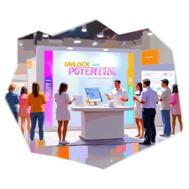 A vibrant trade show booth featuring a large backdrop displaying the slogan "Unlock Your Potential" in bold, eye-catching letters. The booth is adorned with colorful banners and graphics highlighting the product's key benefits, such as "Increased Efficiency," "User-Friendly Design," and "Sustainable Materials." In front of the booth, a sleek table displays samples of the product alongside informational brochures. Several friendly staff members are engaging with attendees, demonstrating the product's features and answering questions. The overall scene captures a lively atmosphere with attendees exploring the booth.