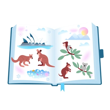 A travel diary opened to a page filled with detailed sketches of iconic Australian landmarks. The sketches include the "Sydney Opera House" with its distinctive sail-like design and the "Great Barrier Reef" showcasing colorful marine life. Alongside the landmarks are illustrations of various wildlife, such as a "kangaroo" standing upright in a natural setting, and a "koala" perched on a eucalyptus tree. The background features faint outlines of "Uluru," a massive rock formation, and a beautiful sunset with gradient pastel colors illuminating the sky. The edges of the diary pages are adorned with small, delicate drawings of native flowers and plants.