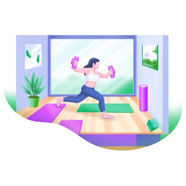 A yoga studio featuring large windows letting in soft natural light. The floor is covered with light-colored wooden planks. In the center, a person is performing lateral raises, holding a pair of pastel-colored dumbbells. The individual is dressed in comfortable yoga attire. Surrounding them are yoga mats neatly arranged and a few potted plants adding a touch of greenery. On the walls, there are calming images of nature, enhancing the tranquil atmosphere of the studio.