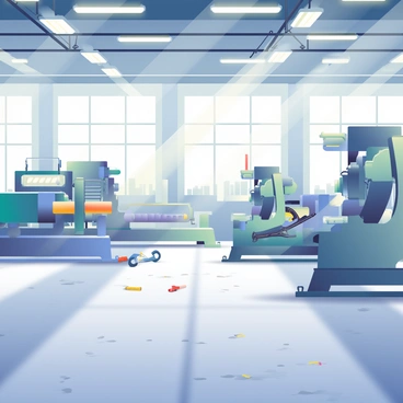A spacious industrial factory floor is filled with large, metallic machinery, including several conveyor belts and industrial presses. The floor has a concrete texture, showing signs of wear with some scattered tools such as wrenches and screwdrivers strewn about. Overhead, bright fluorescent lights illuminate the scene, casting sharp shadows on the ground. In the background, there are large windows allowing natural light to filter in, highlighting the dust particles in the air. The arrangement of machinery creates a sense of productivity and activity in the environment.