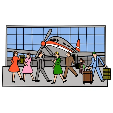A 1950s airport terminal bustling with activity. Inside the terminal, there are several passengers with varied styles of clothing typical of that era, such as women in elegant dresses and men in suits and fedoras. They are walking towards a large propeller plane stationed at the boarding area, with its shiny metallic surface reflecting the terminal's lights. The plane features bold airline colors and an oversized propeller spinning gently. Luggage carts are nearby, filled with vintage suitcases. Large windows offer a view of the runway outside, where a clear blue sky is visible.