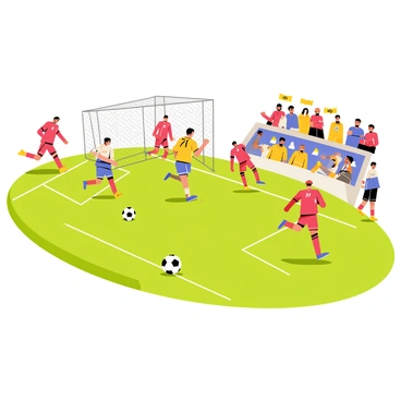 A soccer field with players in motion, showcasing dynamic poses as they chase a black and white soccer ball. The players are wearing vibrant jerseys in a variety of colors, including red, blue, and yellow. The background features excited spectators in the stands, cheering and waving flags. The scene captures the intensity of the game, with some players sprinting while others prepare to kick the ball. The perspective emphasizes the curvature of the field, highlighting the players' movements and the ball's trajectory in a lively atmosphere.