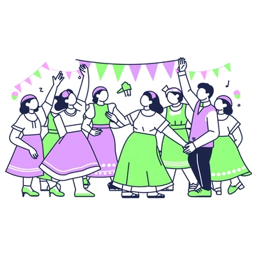 A group of people is dancing in a circle, all dressed in traditional clothing that reflects their cultural heritage. The individuals are varied in age and gender, adding diversity to the celebration. Some of the dancers are holding hands, while others are raised in joyful expressions of movement. The setting appears festive, with decorations and bright colors enhancing the atmosphere. In the background, there are banners and streamers, illustrating the significance of the New Year celebration. A few distinct musical instruments, like drums and flutes, are visible, suggesting the presence of live music accompanying the dance.
