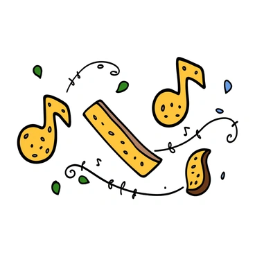 Musical notes made of garlic bread slices floating in the air