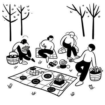 A family sitting on vintage blankets spread across the grass in a park. There are several picnic baskets filled with food and drinks nearby. The family members are engaged in various activities, such as unpacking food and playing games. Tall trees are in the background, creating a sense of a sunny day. A large checkered blanket is laid out, with plates and utensils arranged neatly on top. There are a few scattered picnic items around, like cups and fruits. The scene exudes a warm, nostalgic atmosphere.