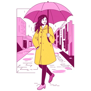 A woman wearing a bright yellow raincoat is walking on a wet city street while holding a large pink umbrella above her head. Raindrops are visibly falling around her, creating small splashes on the cobblestone pavement. The street is lined with buildings that appear slightly blurred due to the rain, and there are puddles forming on the ground reflecting the colors of the scene. The woman has her hair tucked under the umbrella, and she looks content as she strolls through the rainy atmosphere.