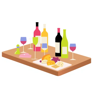 A cozy wine tasting setup featuring a wooden table with a variety of wine bottles in different shapes and colors. There are several elegant wine glasses arranged neatly beside the bottles. A charming cheese platter is placed at the center of the table, showcasing an assortment of cheeses, crackers, and grapes. Soft lighting casts a warm glow over the scene, enhancing the inviting atmosphere.