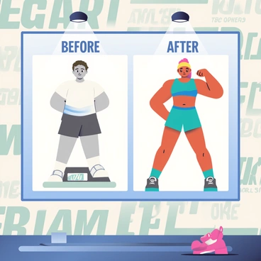 A before-and-after transformation chart is prominently displayed on a gym wall. On the left side, a black-and-white photo shows a person with short brown hair and a slight build, looking slightly hesitant while standing on a scale. Beside this image, a vibrant color photo on the right showcases the same person with a confident posture, wearing a fitted workout outfit, and flexing their toned arms. The background features motivational quotes in bold letters, and the gym wall has a textured finish, enhancing the focus on the transformation images.